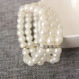 Strand Imitation Pearl Rhinestone Bracelets Clear Wedding Jewelry Party Accessories Multi Layers Beaded Charm Braclet