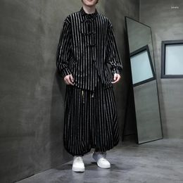 Men's Casual Shirts Men Chinese Vintage Velvet Long Sleeve Loose Stripe Wide Leg Pants Sets Man Oversized Harem Pant Suits