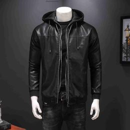 Autumn new mens fake two-piece hooded leather jacket for men motorcycle leather coat