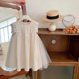 Girl Dresses 2024 Girls Summer Beige Mesh Spliced Large Skirt Sleeveless Lace Vest Dress Princess Baby Clothes