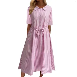 Casual Dresses Summer For Women 2024 Striped Button Dress Three Quarter Sleeves Lace Up Long Skirt