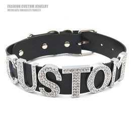 Luxury Rhinestone Big Letters Black Pu Leather Wide Choker Collar Punk Personalized Custom Name Necklaces For Women Men Gifts 240315