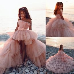 Pink Flower Girls' Dresses Strapless Sleeveless Tiered Skirt High Low Tulle Flower Girl Dress