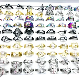 Wholesale 50pcs Rings For Women Stainless Steel Laser Cutting Patterns Prong Sparkling Cubic Zircon Stone Fashion Finger Jewelry 4 Colors Silver Gold Plated