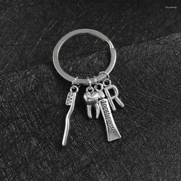 Keychains Toothbrush Toothpaste Keychain DIY Alloy Ancient Teeth 26 Letters Pendant Keyring Oral Health Dentist Creative Gift