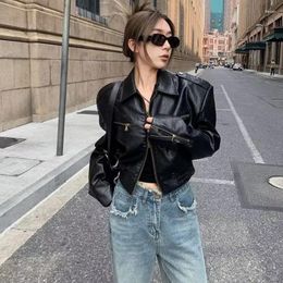 Women's Leather Vintage Pu Jacket Motorcycle Bomber Double Zipper Long Sleeve Streetwear Autumn Short Tops Korean Chic Black Coat