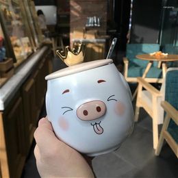 Mugs Super Cute Crown Pig Mug Spoon With Lid For Boys And Girls Cartoon Water Cup Large Capacity Coffee Tripe
