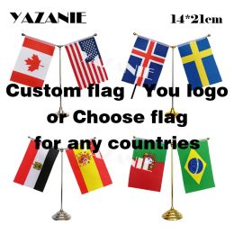 Accessories YAZANIE 14*21cm World Country Table Flag with Golden Silver Metal Base & Flagpole Polyester Office Desk Flags and Banners