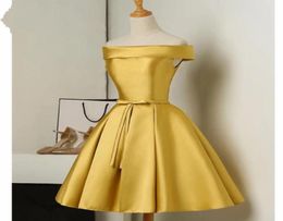 Simple Gold Short Under 100 Prom Homecoming Dresses Evening Gowns Off the shoulder with Sleeves Bows Party Pageant Club Cocktail D7683920