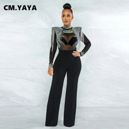 CM.YAYA Women Jumpsuit Solid High Collar Drill Mesh Shoulder Cotton Long Sleeves Long Straight Jumpsuit Sexy Party Outfits 240312