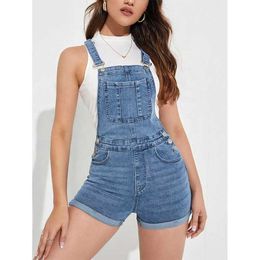 Nvfelix Womens Slant Pocket Ripped Roll Hem Sleeveless Denim Overall Jumpsuit Without Top Shorts Rompers
