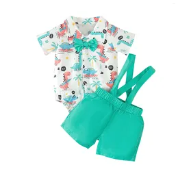 Clothing Sets Summer Infant Baby Boys Gentleman Outfits Short Sleeve Cartoon Print Romper Suspender Shorts Set Clothes