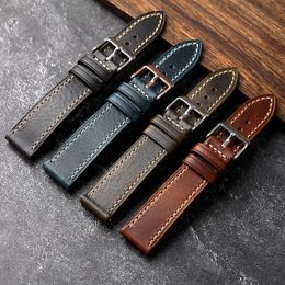 Handmade First Layer Cowhide Leather Watchband 18 19 20 22 24MM Glossy Oil Wax Leather Blue Brown Men Watch Bracelet Vintage 240313