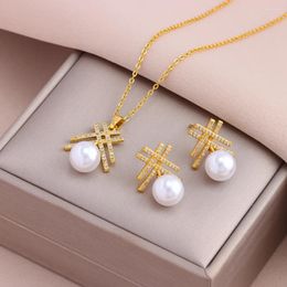 Necklace Earrings Set Zircon Crystal Snowflake Pendant For Women Fashion Daily Wear Female Stainless Steel Jewelry Wholesale
