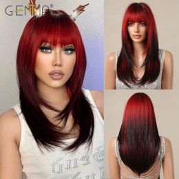 Wigs Synthetic Cosplay Wig Ombre Red to Black Long Straight Wig with Bangs Layered Christmas Party Hair Wigs for Women Heat Resistant