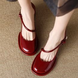 Pumps Retro Mary Jane Shoes Female Fashion Elegant Red Shallow Mouth Leather Shoes Wedding High Heels Party Pumps Zapato De Tacon