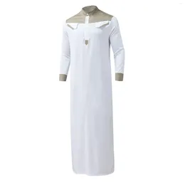 Ethnic Clothing Men's Contrast Color Muslim Robe Long Sleeve Half Zipper Kaftan Jubba Thobe Casual Islamic Dubai Robes Male Musulmane