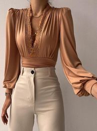 Women039s Blouses Shirts Lace Trim Puff Lantern Sleeve Top Long Vneck Elegant Commute Short Champagne Pink For Ladies7351344