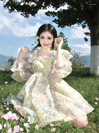 Party Dresses Sweet Girl Princess Dress For Women Summer Fragmented Fairy Countryside Style Bubble Sleeves Waist Slim Fluffy Short