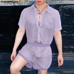 Men Sets Mesh Transparent Loose Short Sleeve Shirt Shorts 2PCS Streetwear Vacation Sexy Solid Mens Suits S-5XL INCERUN 240311