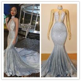 Sparkly Sexy Mermaid Prom Dresses Silver High Neck Long Lace Sequins Beaded Backless Evening Gowns Formal Party Dress