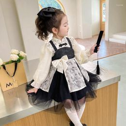 Girl Dresses Chinese Style Girl's Lolita Gauze Skirt Long Sleeve Print Bow Princess Dress Spring Fall Korean Baby One-piece Suit