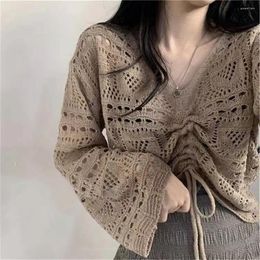 Women's Sweaters 2024 Korean Fashion Women Spring College Cropped Lace-up Design Pure Hollow Out Knitwear All-match Mujer Simple Tops