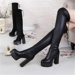 Boots Autumn Winter Warm Leather Platform Women Long Boots Over The Knee Boots Comfort Shoes Female Thigh High Boots Botas Mujer Black