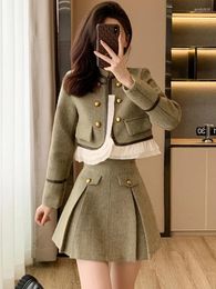 Work Dresses Fashion Customised Woollen Two Piece Set Women's Stand Ruffles Stitching Green Tweed Short Jacket Coat Pleated Mini Skirt Suit