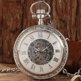 Pocket Watches Luxury Vintage Roman Numerals Automatic Pocket Men Fob Chain Mechanical Self Winding Open Face Chain Pendant Pocket Clock L240322