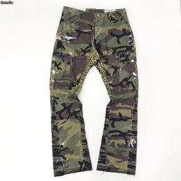 Men's Pants Spring Army Green Women's Trousers Washde Splash Ink Graffiti Horn Retro Deconstructed Stitching Camouflage