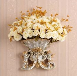 Vases European Wall Hanging Double Angel Vase Artificial Flower Home Background Mural Resin Crafts Decoration Ornament Decor