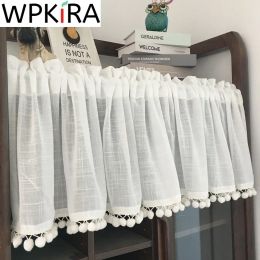Curtains 1 PCS Rod Pocket White Pom Pom Short Curtain Kitchen Japanese Small Window Solid Colour Cross Linen Voile Half Curtain AD206H