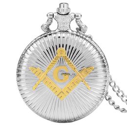 Silver Bronze Masonic G Free-Mason Freemasonry Design Antique Men Analogue Quartz Pocket Watch With Necklace Chain Gift