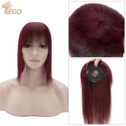 Toppers SEGO 10''20'' 8.5x8.5cm Small Human Hair Topper Remy Natural Hairpieces with Bangs for Women Small Toupee Bang 3 Clips ins