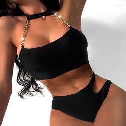 Women's Swimwear DEKA Women Push Up Metal Chain Bikini Set Shoulder Straps High Waist Bottom Solid Swimming Beach Bathing Suit