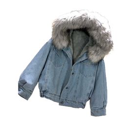 Western Style Slim Fitting Big Raccoon Collar Cowboy Parka Fox Fur Lined Jeans Jacket Coat for Women