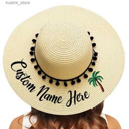 Wide Brim Hats Bucket Hats Customised Embroidered Beach Hat Your Name Text Womens Sun Hat Palm Black Fluffy Straw Hat Honeymoon Direct Shipping L240322