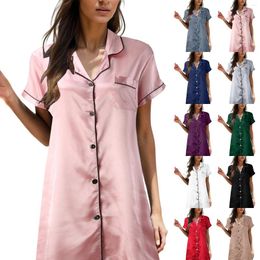 Women's Sleepwear Women Satin Nightgowns Solid Short Sleeve Pajamas Sleeping Dress Nightwear Single-Breasted Shirt Nightdress Pijama