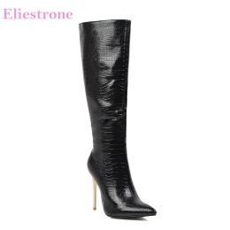 Boots Winter Brand New Fashion Black Leopard Women Knee High Boots Sexy High Thin Heels Lady Shoes LY07 Plus Big Size 10 43 45 48