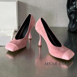 Dress Shoes Fashion Pink Suede Stitching Square Toe High Quality Women's Heels Pumps Elegant All-season Real Leather