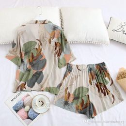 New Palm Leaf Printing Pajamas Home Wear 2020 Summer Short Sleeved Loungewear Shorts Sleepwear Sexy Home Clothes 005