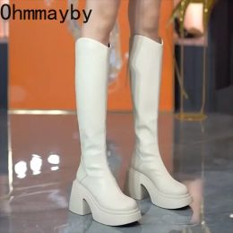 Boots Women Knee High Boots Fashion Round Toe Platform Thick Heel Ladies Elegant Long Knight Booties Winter Women's Footwear