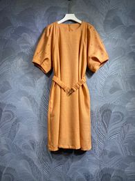2024 Spring Orange Solid Colour Waist Belted Dress Short Sleeve Round Neck Midi Casual Dresses F4M061402