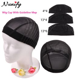 Hairnets 5Pcs Hair Wig Guideline Map Mesh Cap For Beginner 4x4 Lace Closure Hairnet Wig Cap With White Line For Wig Stretchable Weave Cap