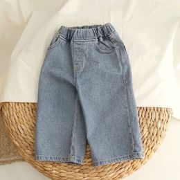 2024 Spring Childrens Pants Autumn Boys Denim Soft Jeans Loose Casual Girls Wide Leg Kids Straight Trousers 240323