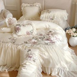 Bedding Sets French Princess Chiffon Lace Luxury 1400TC Egyptian Cotton Flowers Embroidery Duvet Cover Set Bed Sheet Pillowcases