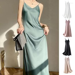 Casual Dresses Womens Sexy Cami V Neck Satin Faux Silk Long Dress Evening Paty Club Cocktail Sling Sleeping Female Sleeveless V-Neck