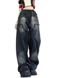 Women's Jeans Baggy Cargo Boyfriend High Waist Wide Leg Looe Casual Tassel Gradient Color Black Denim Pants Straight Trousers Women