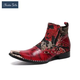 Boots Christia Bella Vintage Pattern Men Ankle Boots Rivets Red Genuine Leather Motorcycle Short Boots Party Celebration Dress Shoes